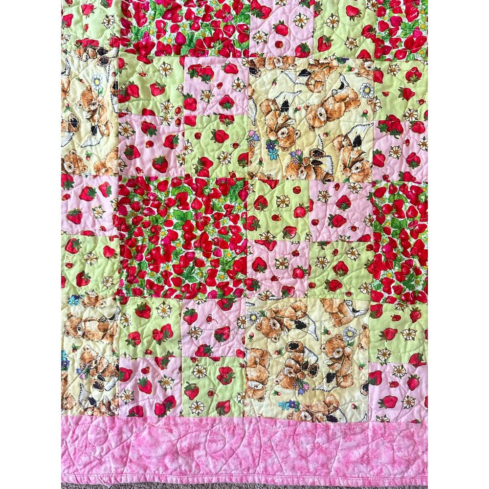 Handcrafted Strawberry Patchwork Baby Quilt Pink Green Teddy Bear